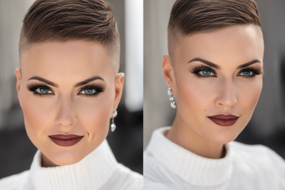 An image showcasing a close-up of Amanda Giese's transformed appearance, capturing her confident expression and the smoothness of her freshly shaved head, inviting readers to explore her empowering journey