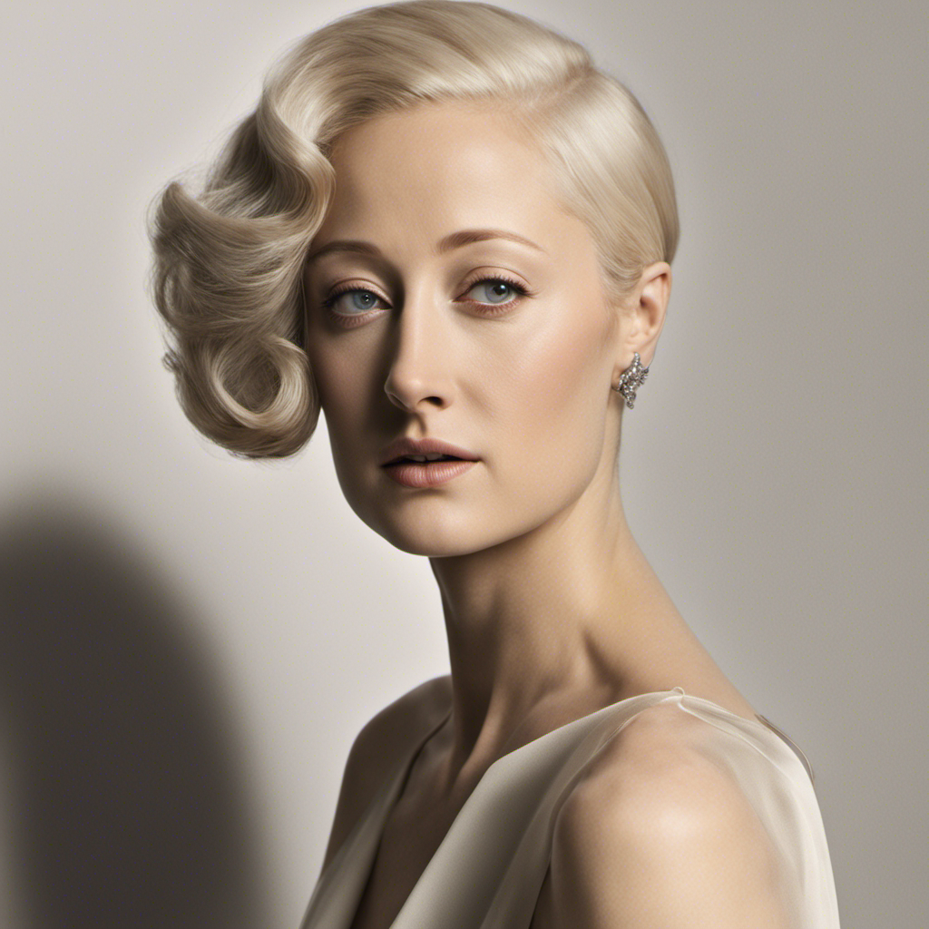 An image capturing Andrea Riseborough's transformative journey: her beautifully smooth head, glistening under ethereal light, radiating strength and vulnerability, inviting curiosity about her decision to embrace baldness