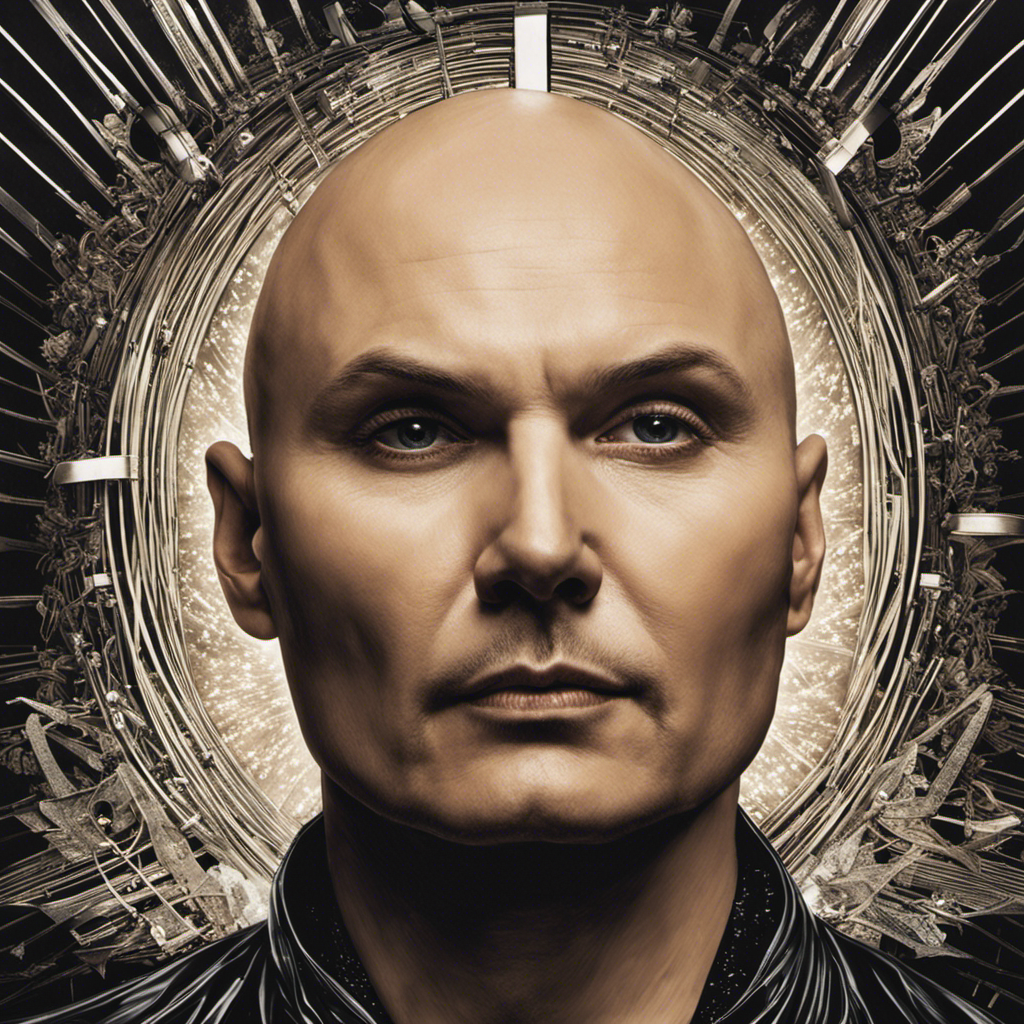 An image capturing the enigmatic transformation of Billy Corgan's image: a close-up of his newly bald head, glistening under the stage lights, revealing vulnerability, rebellion, and a profound statement of self-expression