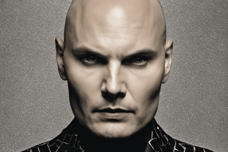 An image capturing the enigmatic transformation of Billy Corgan, showing a close-up of his freshly shaved head, revealing the glimmering reflection of his bald scalp against the stark contrast of his dark, tousled hair strewn across the floor