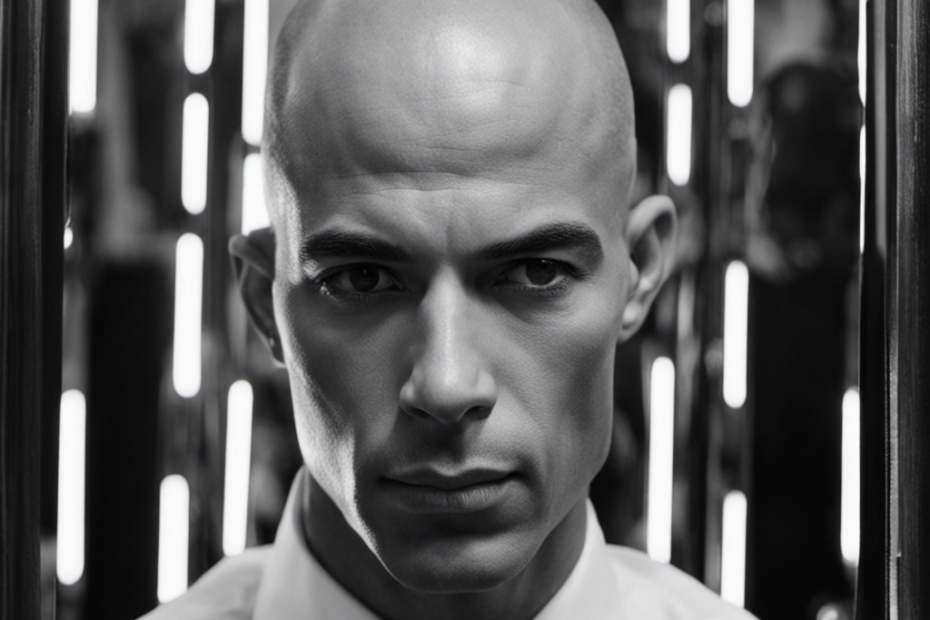 Depict a black and white close-up image capturing a reflection of Biz's freshly shaven head in a mirror, highlighting the glistening razor, scattered hair strands, and a contemplative expression on his face