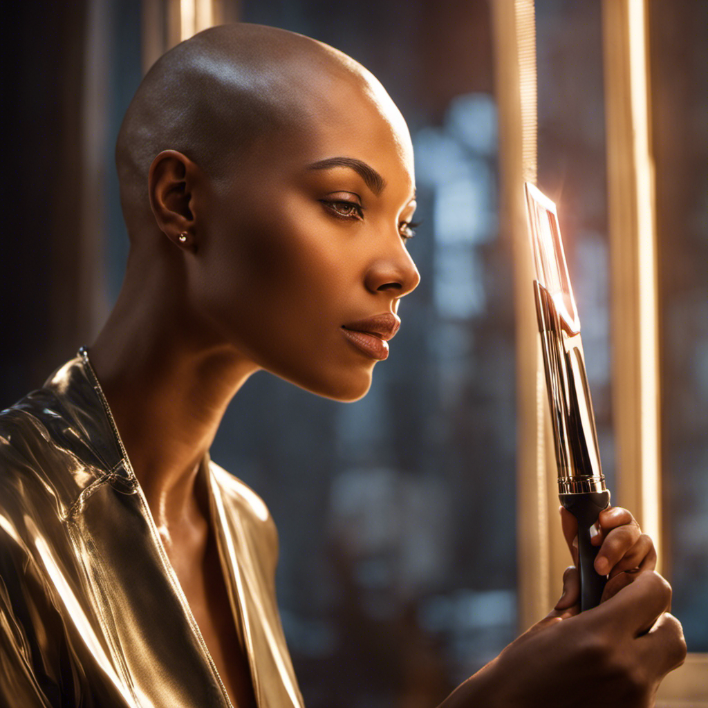 An image of Brine Spears, her confident gaze reflecting determination, as she holds a buzzing electric razor to her scalp