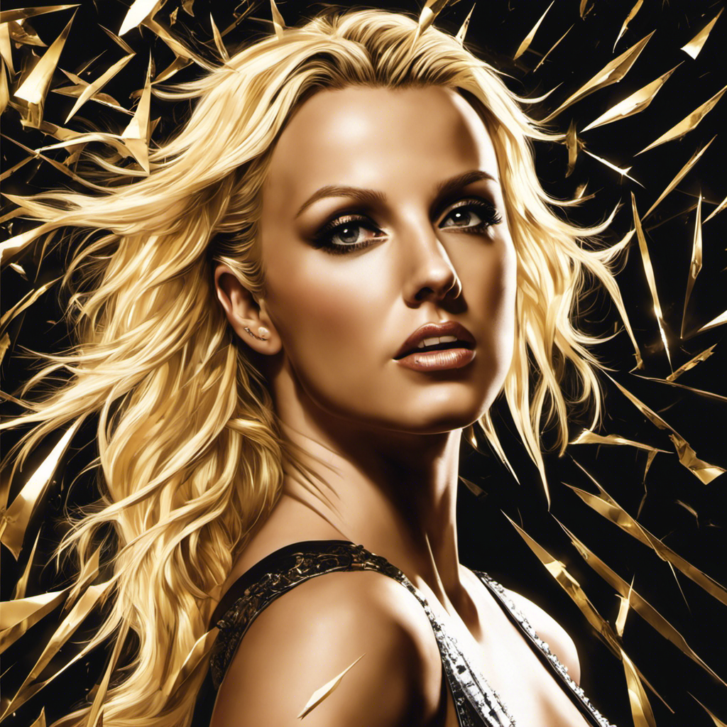 An image depicting a reflection of Britney Spears, standing before a shattered mirror with a razor in hand, her bald head shining under a solitary spotlight, as a cascade of golden locks slowly falls to the ground