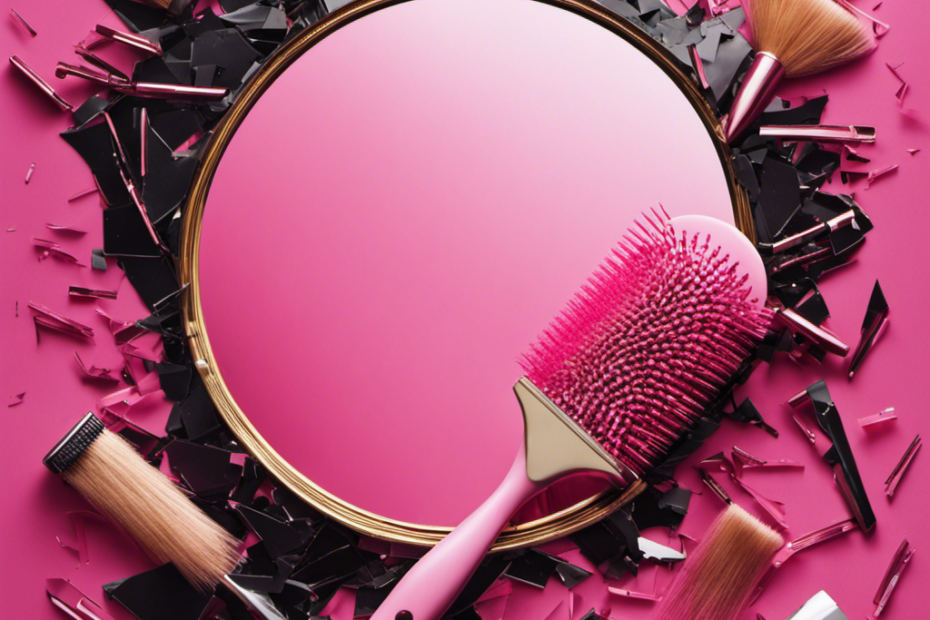 An image with a close-up view of a shattered mirror, reflecting fragments of a pink hairbrush, scattered locks of blonde hair, and a razor lying on the floor