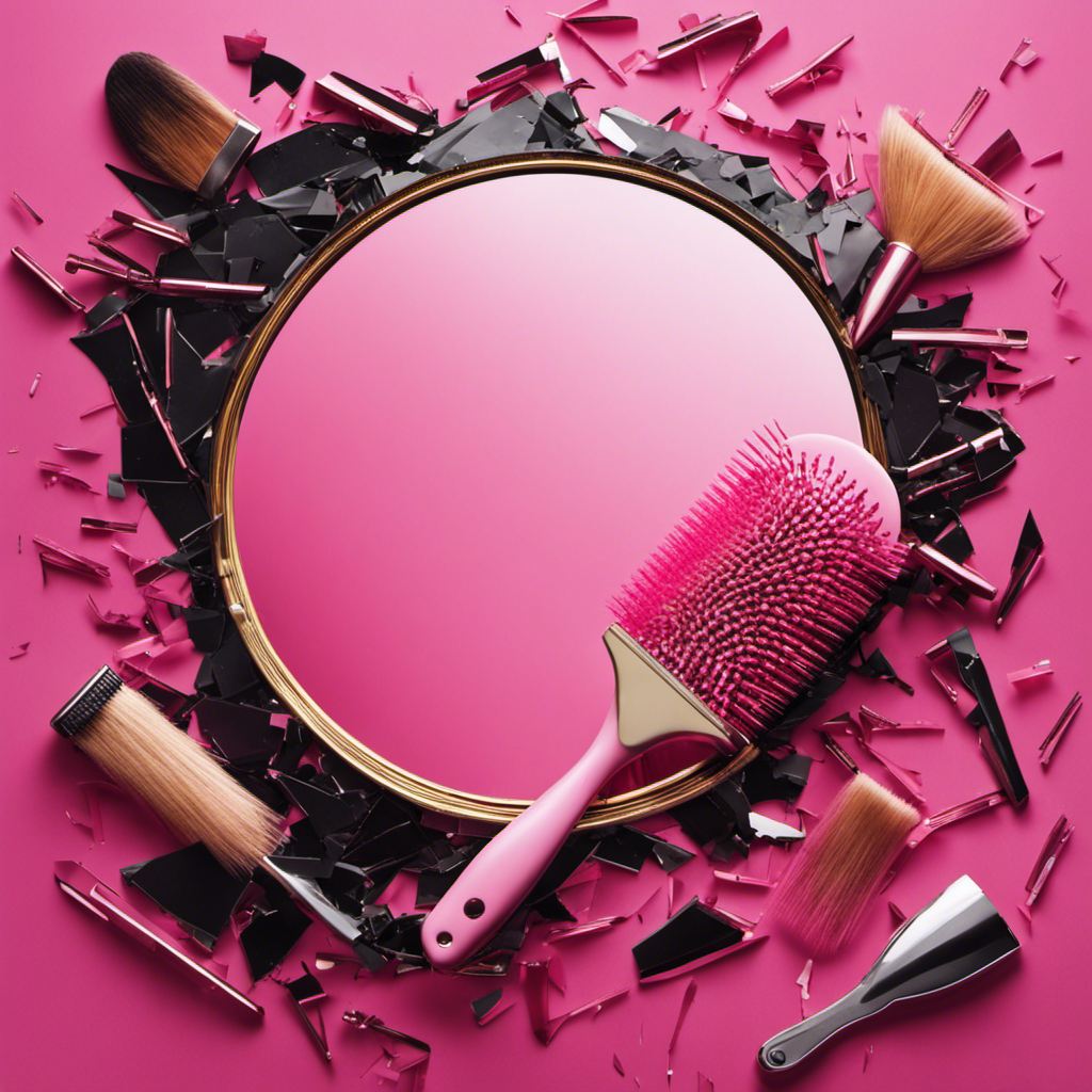 An image with a close-up view of a shattered mirror, reflecting fragments of a pink hairbrush, scattered locks of blonde hair, and a razor lying on the floor