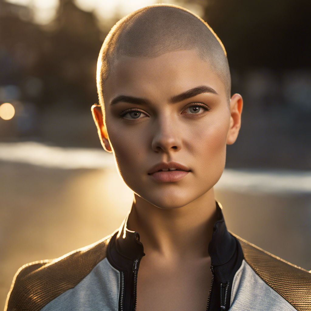An image featuring Camren Bicondova, her face radiant with determination and vulnerability, as she embraces her newly shaved head