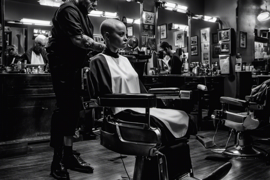 Capture a monochromatic image of Carlene Begnaud, her eyes glistening with determination, as she sits in a barber's chair, surrounded by locks of her hair scattered on the floor, showcasing her bold decision to shave her head