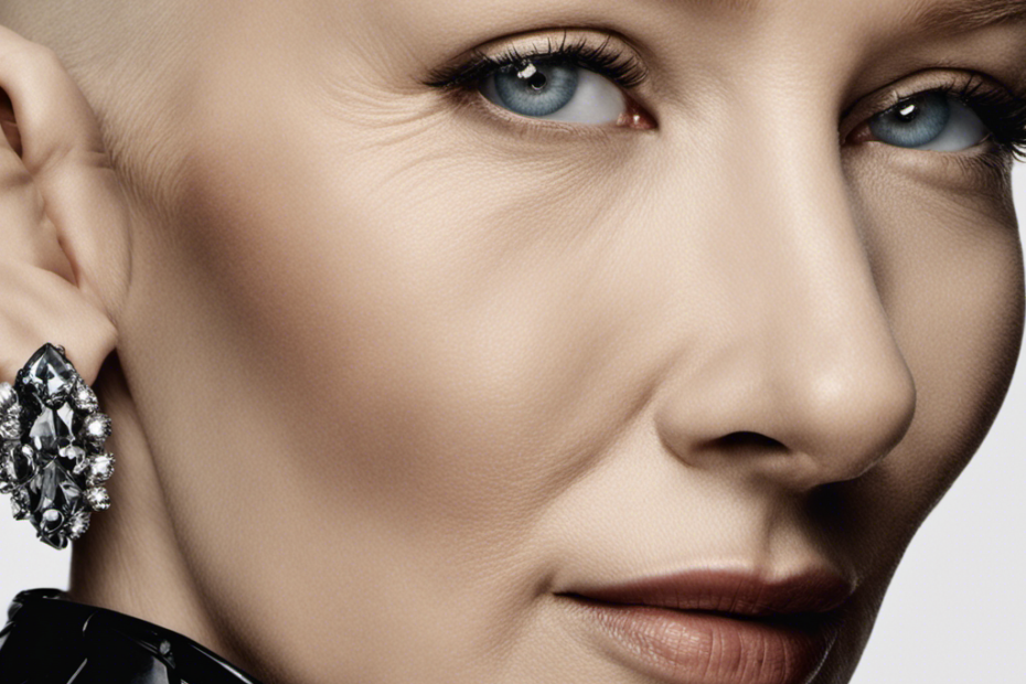 An image featuring a close-up shot of Cate Blanchett's newly shaved head, capturing the glistening reflection off her smooth scalp, with a mix of confidence and vulnerability emanating from her piercing eyes
