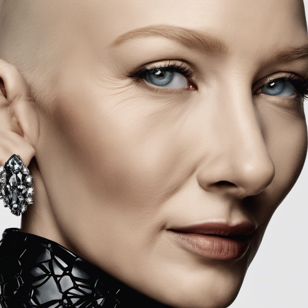 An image featuring a close-up shot of Cate Blanchett's newly shaved head, capturing the glistening reflection off her smooth scalp, with a mix of confidence and vulnerability emanating from her piercing eyes