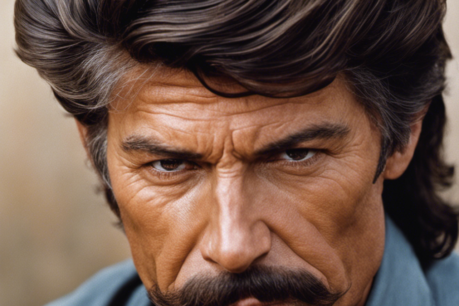 Depict a close-up image capturing the glistening razor gliding through Charles Bronson's thick, unruly hair, revealing the vulnerable scalp beneath