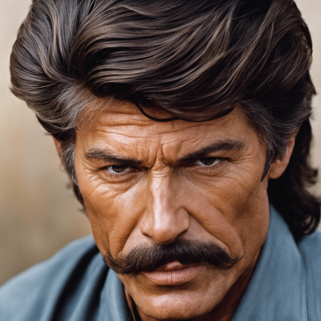 Depict a close-up image capturing the glistening razor gliding through Charles Bronson's thick, unruly hair, revealing the vulnerable scalp beneath