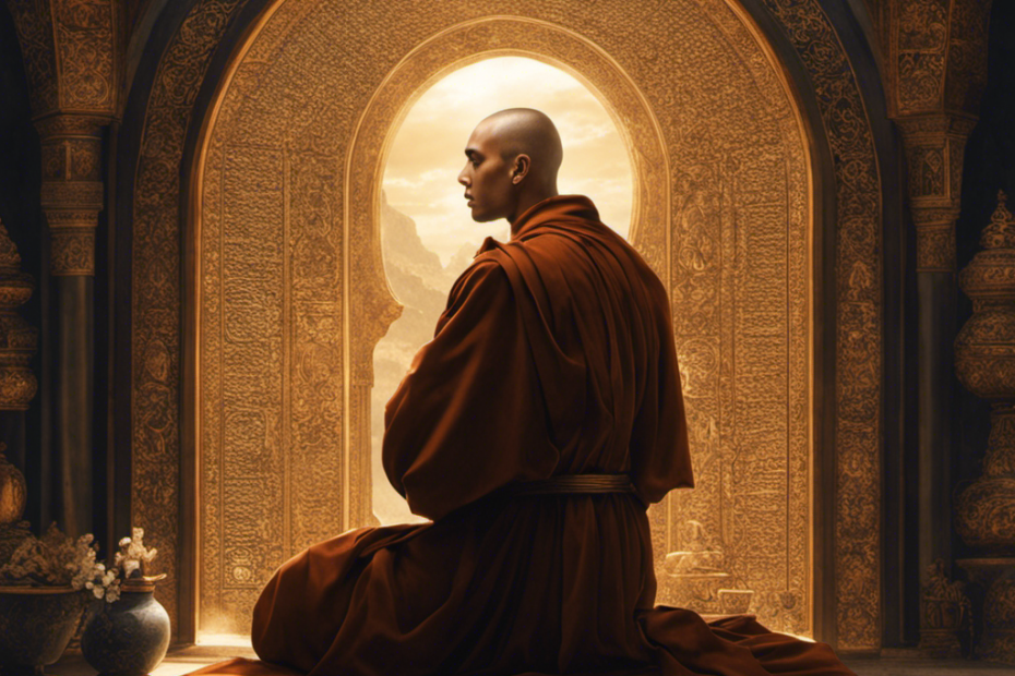 An image that depicts a serene Christian monk seated in a monastery, his contemplative gaze fixed upon the heavens, as a razor glides across the crown of his head, symbolizing the mystic significance behind their distinctive tonsured hairstyle