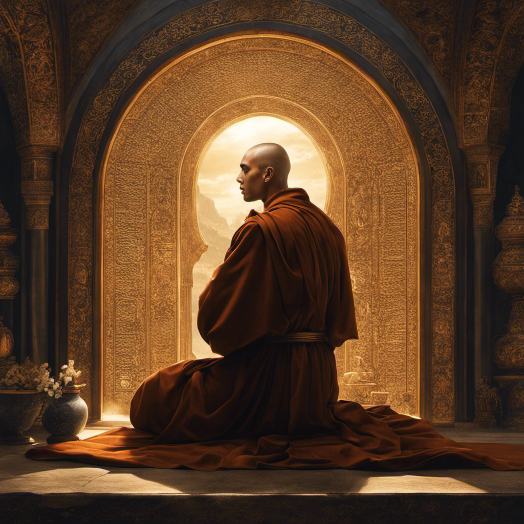 An image that depicts a serene Christian monk seated in a monastery, his contemplative gaze fixed upon the heavens, as a razor glides across the crown of his head, symbolizing the mystic significance behind their distinctive tonsured hairstyle