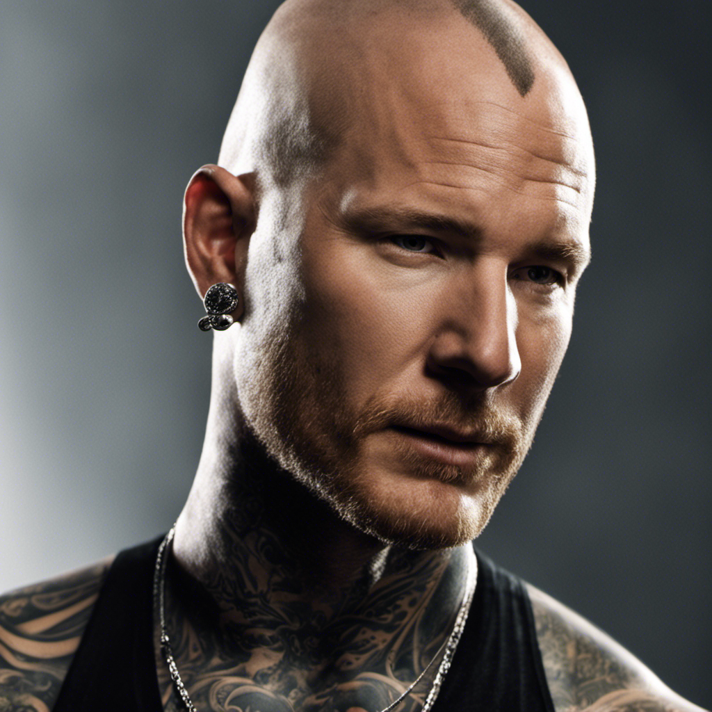 An image capturing Corey Taylor's transformation: a close-up shot of his smooth, freshly shaved head, glistening under the spotlight, revealing vulnerability and strength, with his signature tattoos accentuating his new look