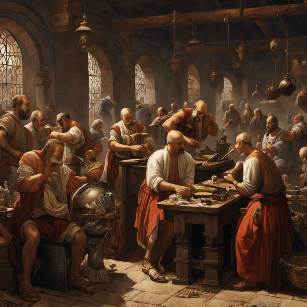 An image depicting ancient Corinthians shaving their heads, showcasing a bustling marketplace scene with barbers surrounded by eager customers, piles of hair on the ground, and the distinct sound of razors