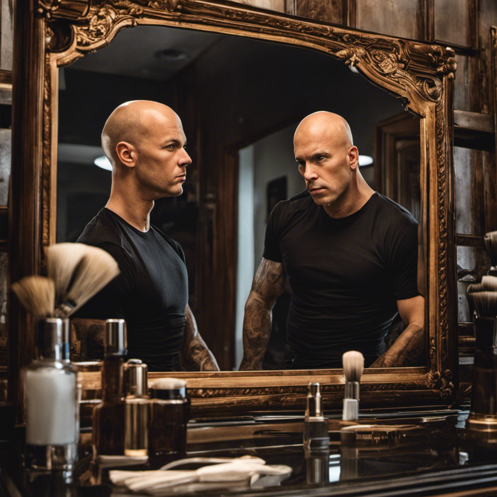 An image of Dan Rykert sitting in front of a mirror with a determined expression, as he meticulously shaves his head