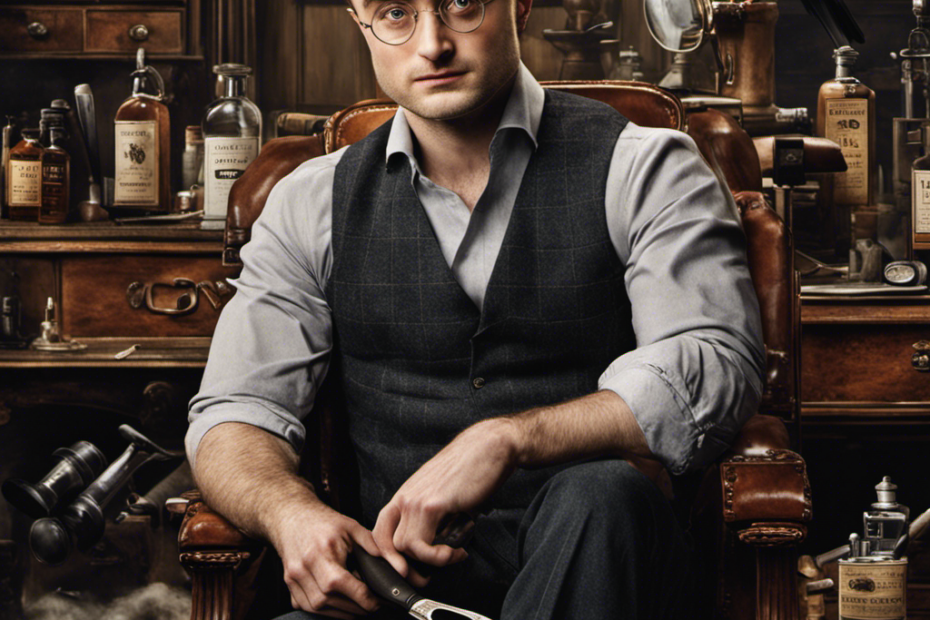 An image capturing the iconic Daniel Radcliffe, his shorn locks scattered around him, as he sits in a chair, surrounded by a barber's tools, his face reflecting curiosity, intrigue, and a touch of rebellion