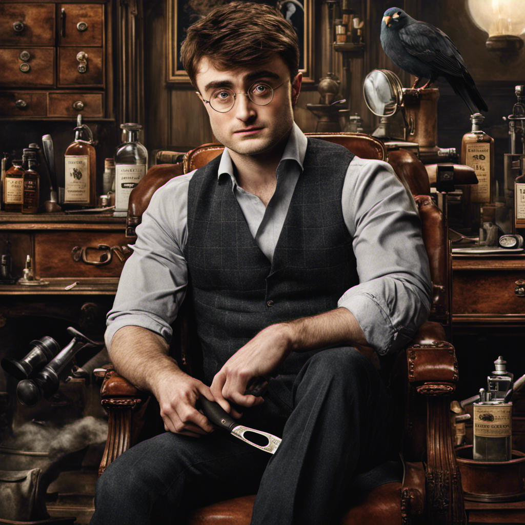 An image capturing the iconic Daniel Radcliffe, his shorn locks scattered around him, as he sits in a chair, surrounded by a barber's tools, his face reflecting curiosity, intrigue, and a touch of rebellion