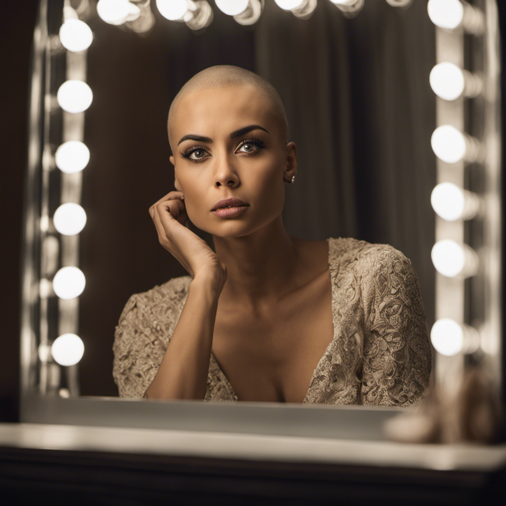 An image that captures the raw emotions of a woman sitting in front of a mirror, her eyes filled with determination as she holds a razor to her head, reflecting the vulnerable strength behind Daph's decision to shave her head
