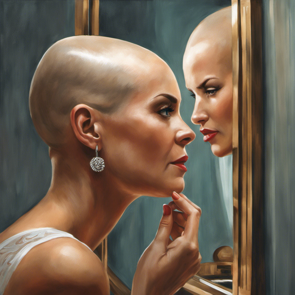 Create an image capturing the raw emotion of Debbie Wilson's decision to shave her head, showcasing her reflection in the mirror, the glimmering razor in hand, and locks of hair falling gracefully to the ground