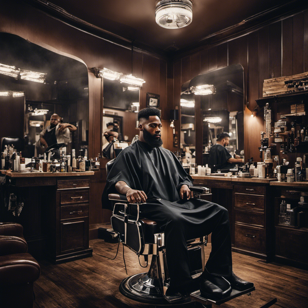 An image capturing Deep's transformation: his eyes filled with determination as he sits in a barber's chair, surrounded by piles of freshly cut hair, a gleaming razor in the stylist's hand