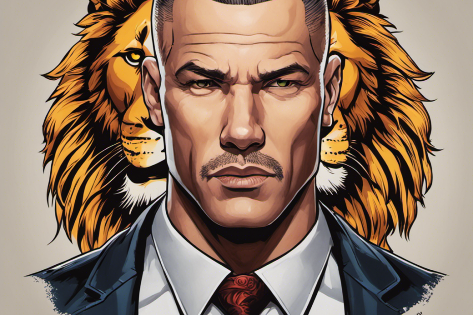 An image showcasing Detective Lassiter's transformation: his clean-shaven head glistens under the fluorescent lights, revealing a striking tattoo of a lion, symbolizing his newfound strength and resilience