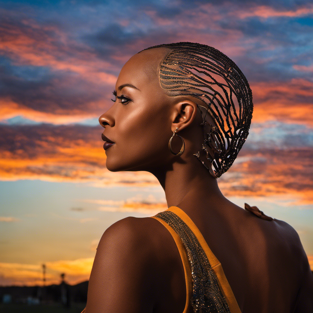 An image capturing Dixie D's transformation: framed against a vibrant sunset sky, the silhouette of her freshly shaved head reflects a newfound strength, as she confidently holds her discarded locks, symbolic of her liberation