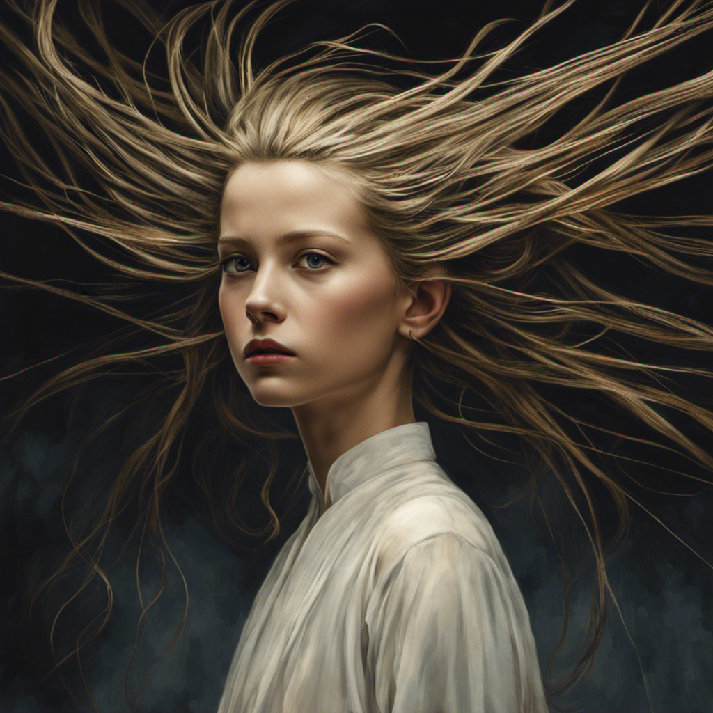 Depict an image showcasing Eleven's transformation: her solemn face framed by strands of hair floating gently in mid-air, as a pair of trembling hands armed with clippers approach her head, symbolizing her courage and sacrifice