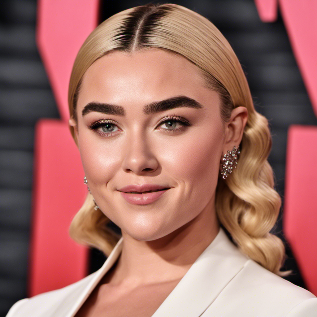 An image showcasing Florence Pugh's bold transformation: a close-up shot capturing her radiant smile, eyes glistening with confidence, as she confidently flaunts her newly shaved head