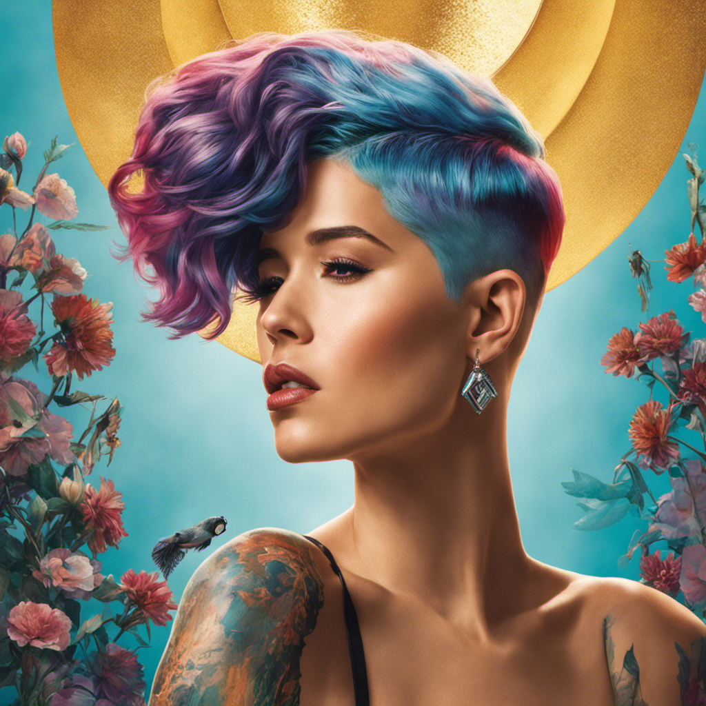 An image that captures the essence of Halsey's transformation as she boldly shaves her head, displaying her raw vulnerability and newfound strength, amidst a backdrop of scattered locks and a reflection of her radiant confidence