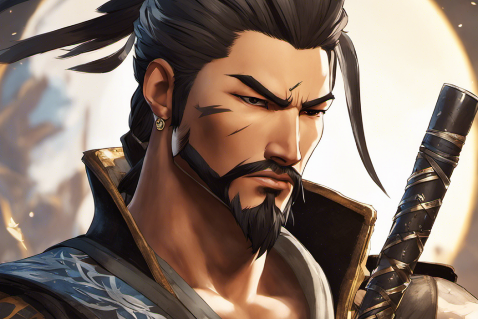 An image of Hanzo from Overwatch, his face filled with determination, hair clippings scattered on the ground, as he holds a razor in one hand and his newly shaved head glistens in the sunlight