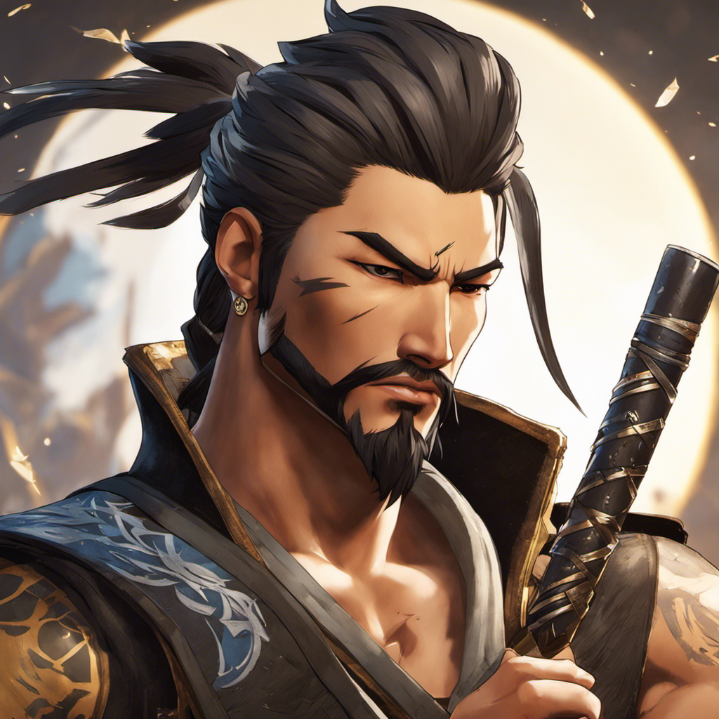 An image of Hanzo from Overwatch, his face filled with determination, hair clippings scattered on the ground, as he holds a razor in one hand and his newly shaved head glistens in the sunlight