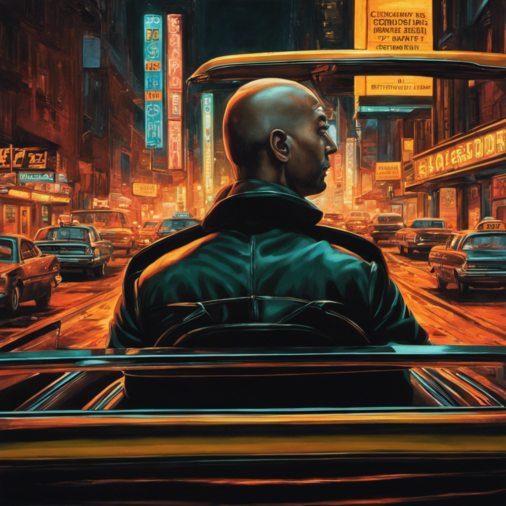 An image of a taxi driver with a freshly shaved head, his eyes shadowed by exhaustion and a hint of vulnerability