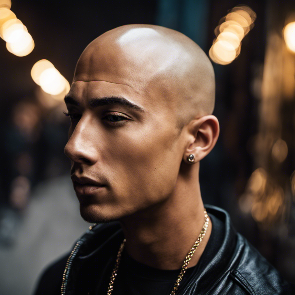 An image capturing Headhunterz's transformation: a close-up of his freshly shaved head, glistening under the spotlight, revealing his determination and reinvention, while his eyes reflect a mix of vulnerability and newfound strength
