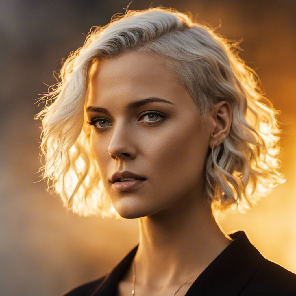 An image capturing the ethereal beauty of Hillsong's Taya Smith, her serene expression illuminated by soft golden light, as she stands confidently with her freshly shaved head, embodying courage and freedom