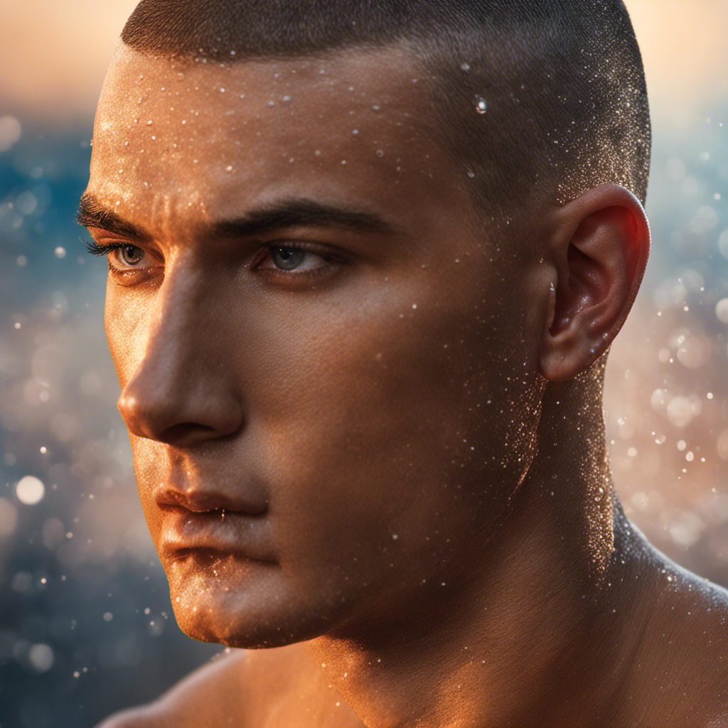 An image capturing Jack Turner's transformation: a close-up of his bare scalp covered in tiny droplets of water, glistening under a soft glow, as he runs his hand over the smooth, freshly shaved head