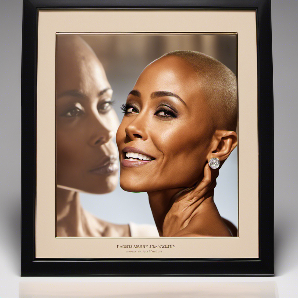 An image capturing Jada Pinkett Smith's transformative moment: her radiant face illuminated by the soft glow of a mirror, her reflection revealing her freshly shaved head, exuding confidence and liberation