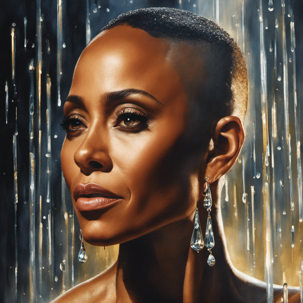 An image capturing the essence of Jada Pinkett Smith's bold transformation as she confidently sits in a dimly lit room, her freshly shaved head adorned with delicate droplets of water, reflecting her strength and liberation