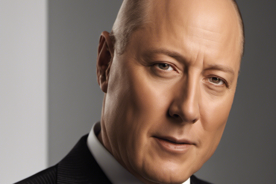 An image showcasing James Spader's transformed appearance: his smooth, gleaming scalp glistens under the soft studio lights, revealing his decision to shave his head