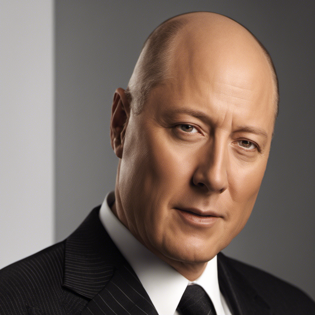 An image showcasing James Spader's transformed appearance: his smooth, gleaming scalp glistens under the soft studio lights, revealing his decision to shave his head