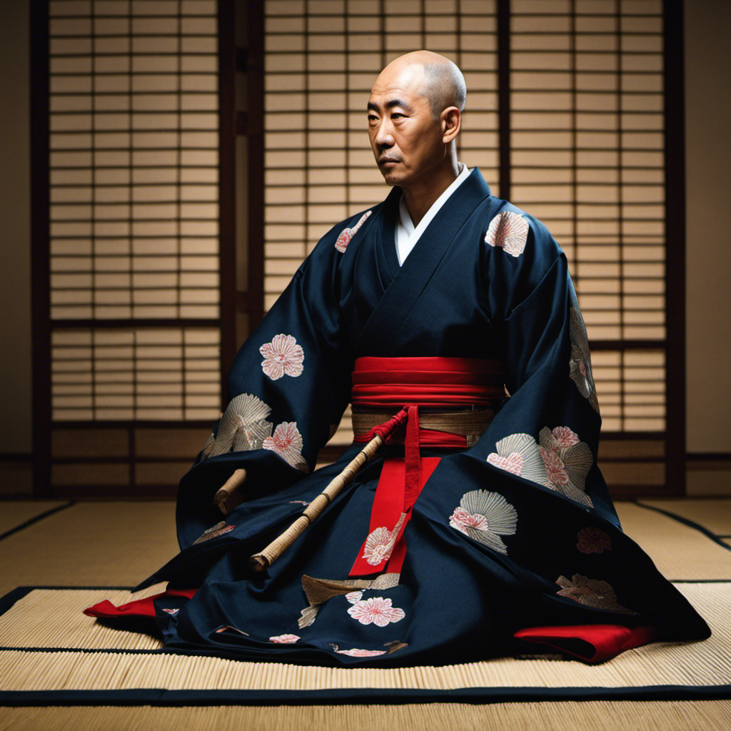 An image showcasing a Japanese man in traditional attire, seated on a tatami mat