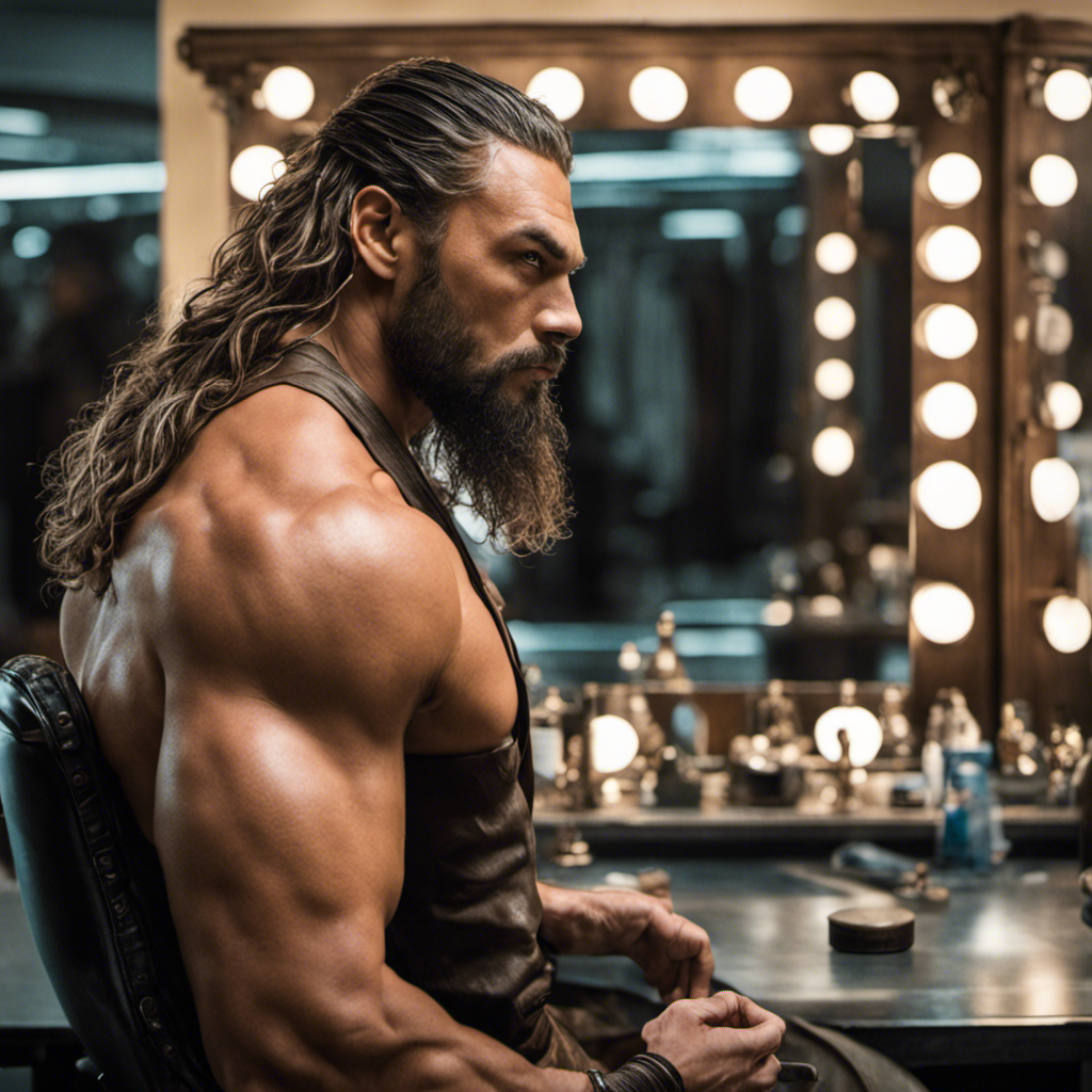An image showcasing a mirror reflecting Jason Momoa's powerful, bald head as he gazes intensely into it, revealing his decision to shave his iconic long locks
