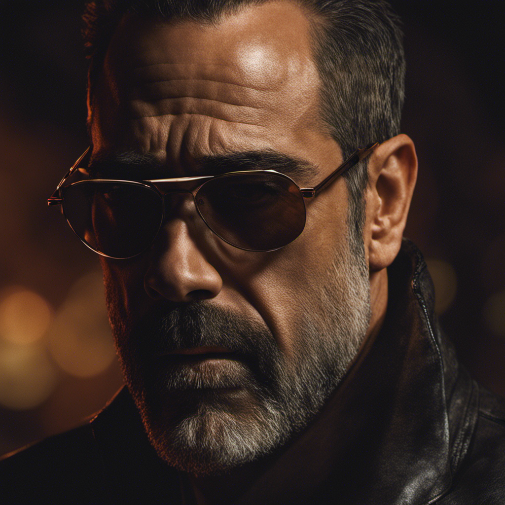 An image capturing Jeffrey Dean Morgan's transformation, depicting his newly shaved head glistening under warm studio lights, accentuating his chiseled features while exuding an air of mystery and intrigue