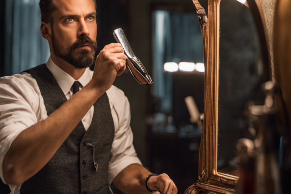 An image showcasing Jeremy of Ah in front of a mirror, holding an electric razor