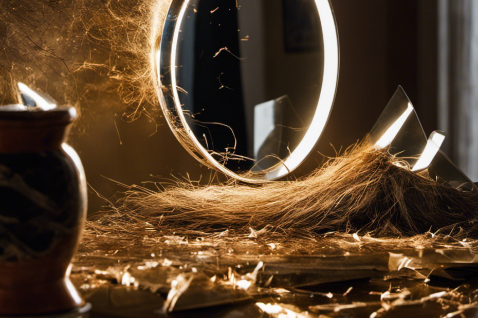 An image of a mirror reflecting Jesse's smooth scalp, surrounded by discarded hair clippings