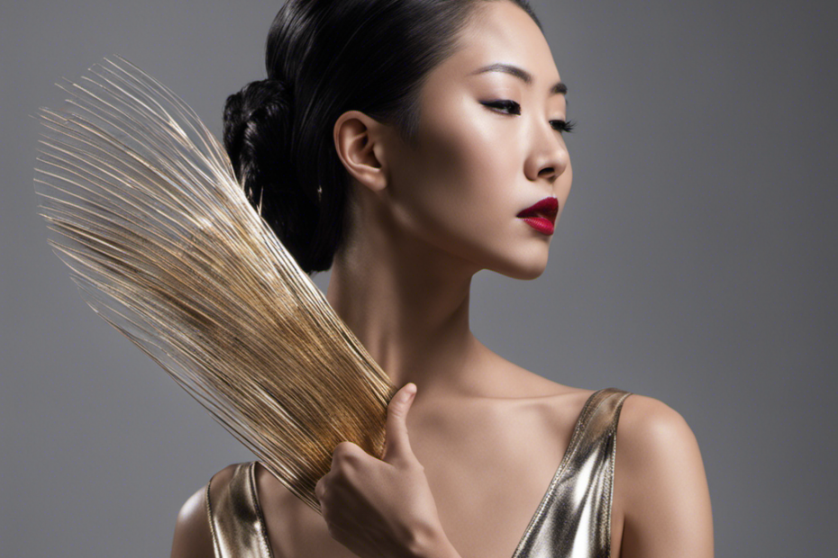An image showcasing Jessie Mei's symbolic act of self-liberation: her glistening, razor-clad hand gracefully sweeping across her smooth scalp, capturing the transformative moment she sheds societal constraints and embraces her true, authentic self