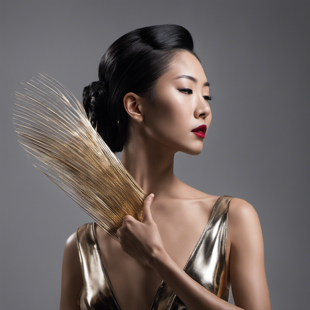 An image showcasing Jessie Mei's symbolic act of self-liberation: her glistening, razor-clad hand gracefully sweeping across her smooth scalp, capturing the transformative moment she sheds societal constraints and embraces her true, authentic self