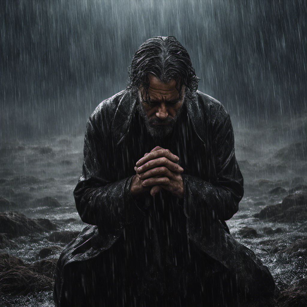 An image that captures Job's anguish: a desolate landscape, heavy rain pouring over a solitary figure, his face buried in his hands, as he reluctantly shaves off his once-lustrous hair
