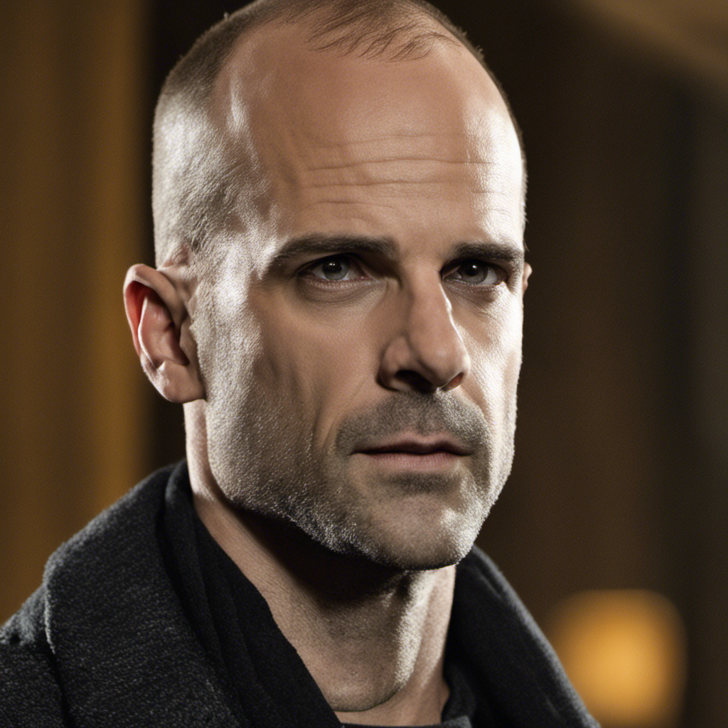 An image that captures the enigmatic transformation of actor Jonny Lee Miller, as his character in S5E14, with his freshly shaved head