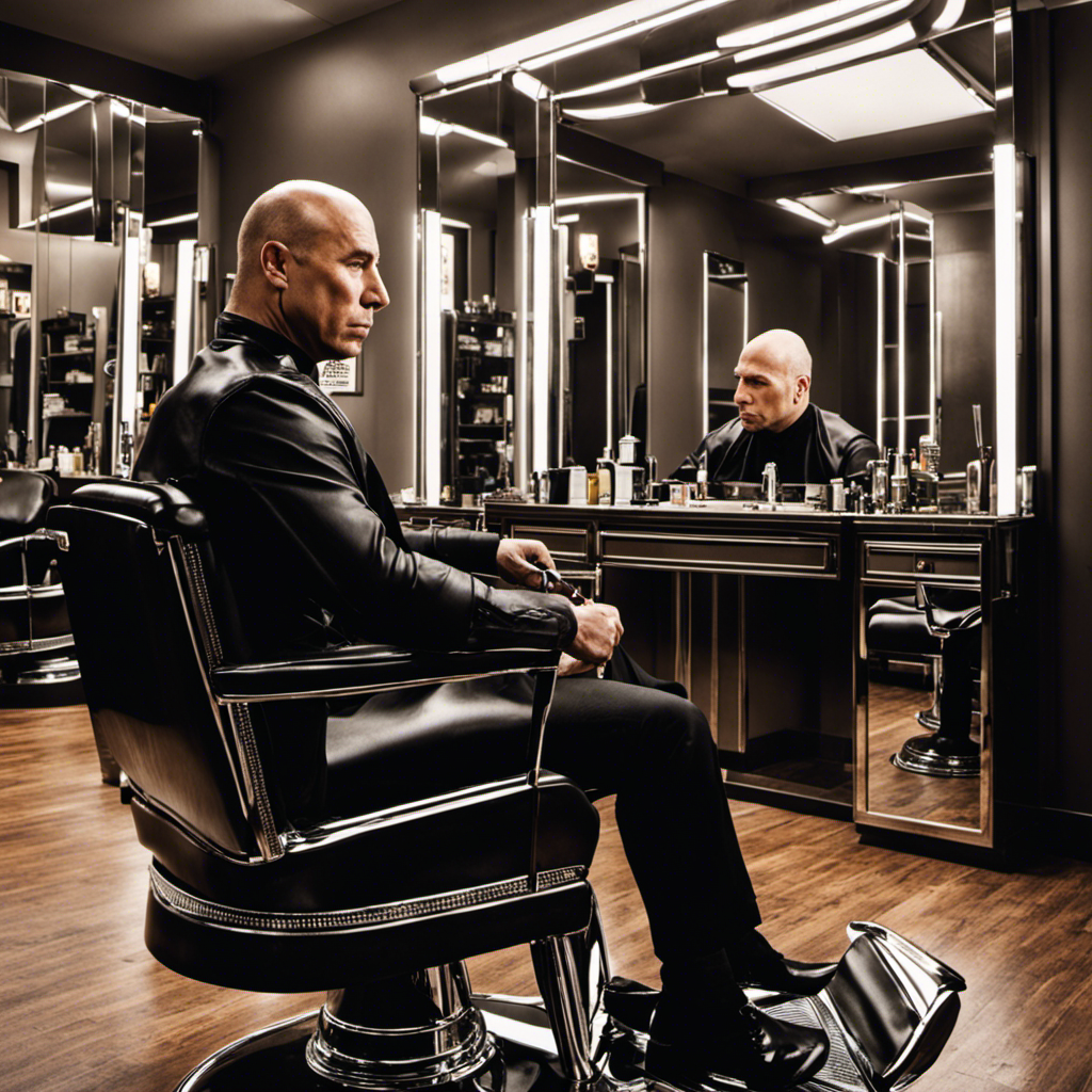 An image showing John Travolta in a sleek, modern barbershop chair, surrounded by mirrored walls reflecting his reflection, with a barber carefully shaving off his signature locks, leaving him with a smooth, bald head